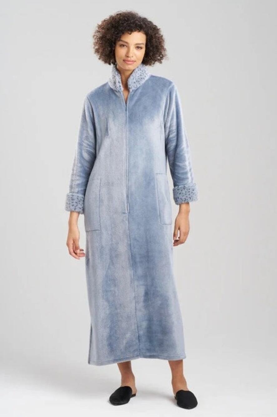 N Natori Women's Small Blue Granite Plush Lynx Mandarin Zip Lounger Luxury HR9-2